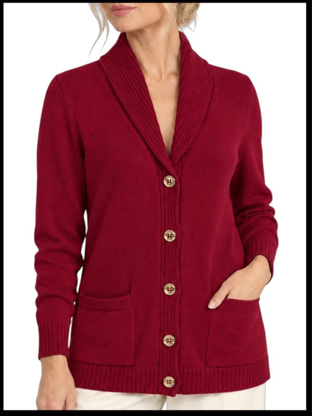 Lauren Ralph Lauren Red Shawl Collar Gold Button Cardigan L